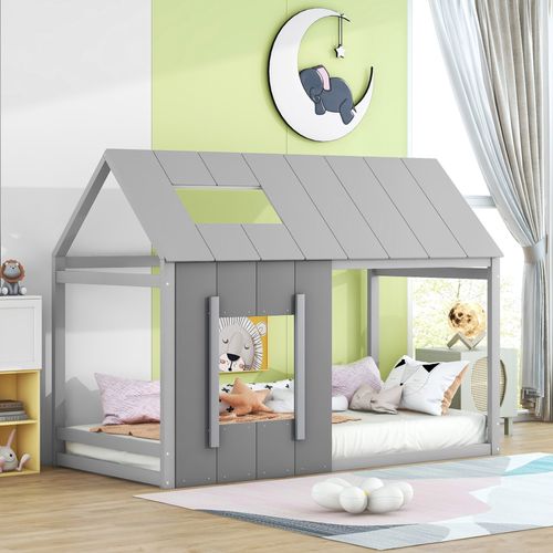 Lit Enfant 90x200 Cm - Lit Cabane Avec Toit Et Fenêtre, Structure Bois Kiefer Et Mdf, Gris