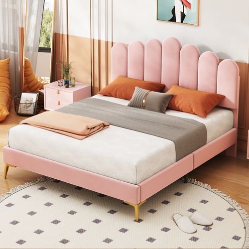 Lit Double 140x200 Cm - Lit Avec Tête De Lit Et Sommier à Lattes, Velours Rose