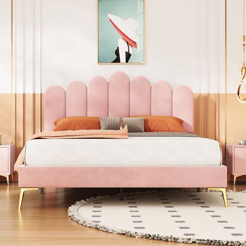 Lit Double 140x200 Cm - Lit Avec Tête De Lit Et Sommier à Lattes, Velours Rose