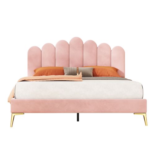 Lit Double 140x200 Cm - Lit Avec Tête De Lit Et Sommier à Lattes, Velours Rose