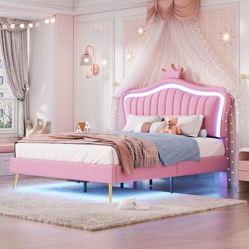 Lit Enfant 140x200 Cm - Lit Double Capitonné Avec LED, Cadre Simili Cuir En Forme Couronne, Rose