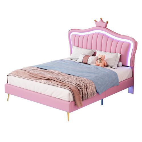 Lit Enfant 140x200 Cm - Lit Double Capitonné Avec LED, Cadre Simili Cuir En Forme Couronne, Rose