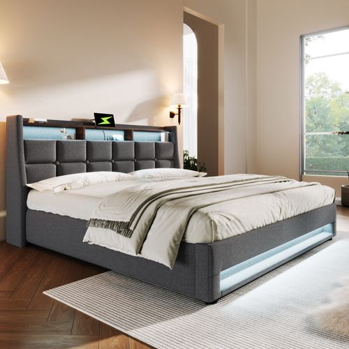 Lit Coffre 160x200 Cm - Lit Ados Avec USB Et LED - Lin - Gris