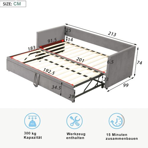 Lit Gigogne 90/180x200 Cm - Lit Multifonction Avec Sommier à Lattes, Velours Doux, Gris Clair