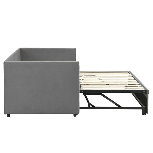 Lit Gigogne 90/180x200 Cm - Lit Multifonction Avec Sommier à Lattes, Velours Doux, Gris Clair