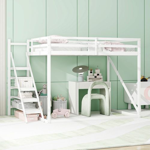 Lit Mezzanine Enfant 140x200 Cm Avec Escalier Sécurisé, Robuste Mdf Et Bois De Pin, Blanc