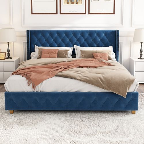 Lit Double 160x200 Cm - Lit Rembourré Avec Tête De Lit Capitonnée - Velours - Bleu