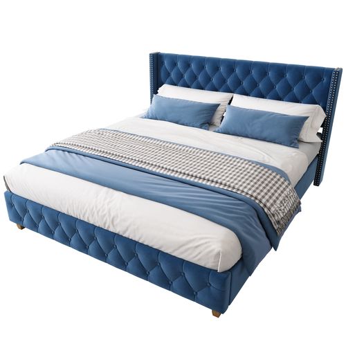 Lit Double 160x200 Cm - Lit Rembourré Avec Tête De Lit Capitonnée - Velours - Bleu