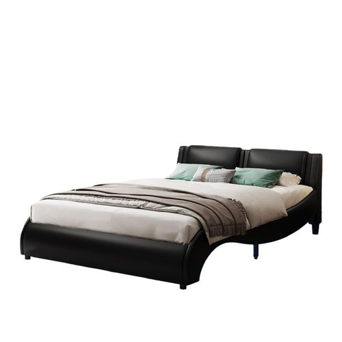 Lit Double 140x200 - Lit Avec Éclairage LED Et Sommier à Lattes, Simili Cuir Noir