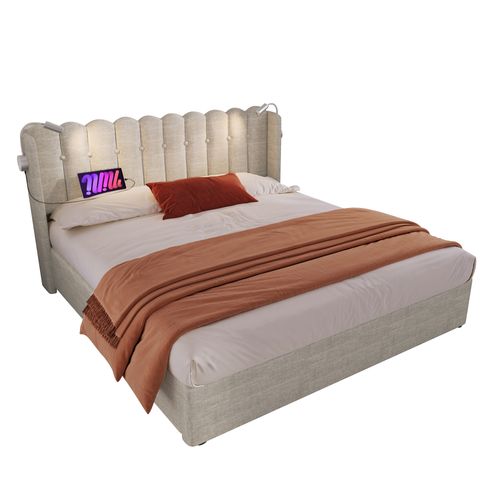 Lit Coffre 160x200 Cm - Lit Double Avec Lampe De Lecture Et Ports USB - Lin - Beige