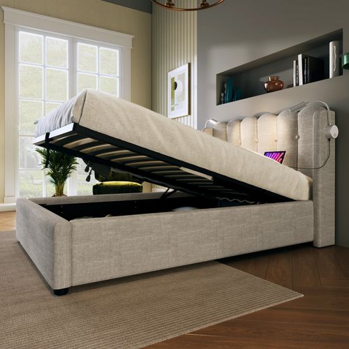 Lit Coffre 90x200 Cm - Lit Simple Avec Ports USB Et Lampe De Lecture - Lin - Beige