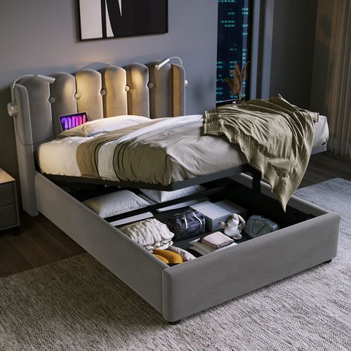 Lit Coffre 90x200 Cm - Lit Simple Avec Ports USB Et Lampe De Lecture - Velours - Gris