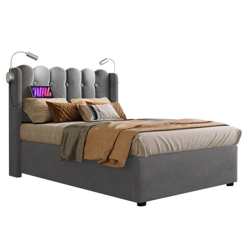 Lit Coffre 90x200 Cm - Lit Simple Avec Ports USB Et Lampe De Lecture - Velours - Gris