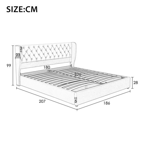 Lit Coffre 180x200 Cm - Lit Double Avec Sommier à Lattes Et Coffre Hydraulique - Velours - Beige
