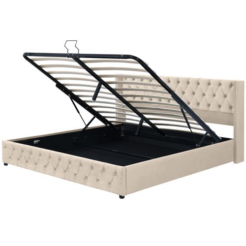 Lit Coffre Double 160x200 Cm - Rangement Hydraulique Et Sommier à Lattes, Velours, Beige