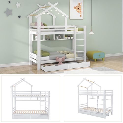 Lit Superposé Enfant 90x200 Cm Avec 2 Tiroirs Et 4 Niches, Structure Pin Et Mdf, Blanc