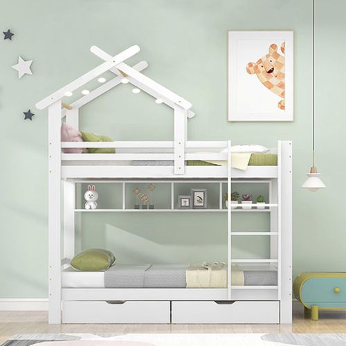 Lit Superposé Enfant 90x200 Cm Avec 2 Tiroirs Et 4 Niches, Structure Pin Et Mdf, Blanc