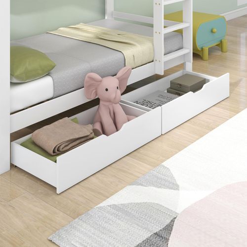 Lit Superposé Enfant 90x200 Cm Avec 2 Tiroirs Et 4 Niches, Structure Pin Et Mdf, Blanc