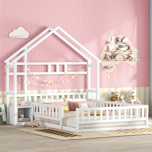 Lit Cabane 140 X 200 Cm - Lit Enfant Avec Balustrade Et Tables De Chevet - Bois + Mdf - Blanc