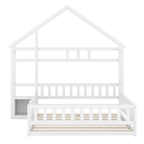Lit Cabane 140 X 200 Cm - Lit Enfant Avec Balustrade Et Tables De Chevet - Bois + Mdf - Blanc