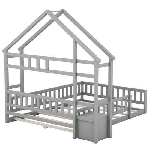 Lit Cabane 140 X 200 Cm - Lit Enfant Avec Balustrade Et Tables De Chevet - Bois + Mdf - Gris