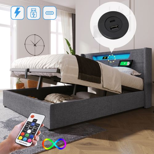 Lit Coffre 140 X 200 Cm - Lit Double Avec USB Type-c + Éclairage LED - Lin - Gris