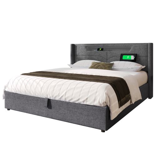 Lit Coffre 140 X 200 Cm - Lit Double Avec USB Type-c + Éclairage LED - Lin - Gris