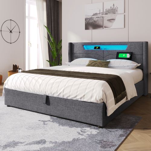 Lit Coffre 160 X 200 Cm - Lit Double Avec USB Type-c + Éclairage LED - Lin - Gris