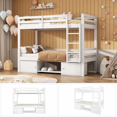 Lit Superposé 90x200 Cm - Lit Enfant Avec 2 Tiroirs Et Porte Chaussures - Mdf + Pin - Blanc