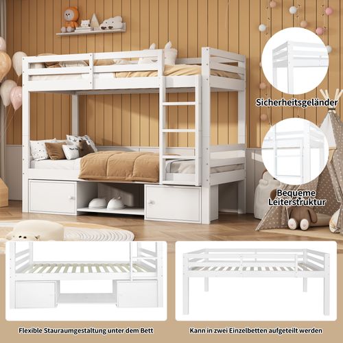 Lit Superposé 90x200 Cm - Lit Enfant Avec 2 Tiroirs Et Porte Chaussures - Mdf + Pin - Blanc