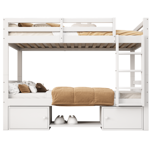 Lit Superposé 90x200 Cm - Lit Enfant Avec 2 Tiroirs Et Porte Chaussures - Mdf + Pin - Blanc