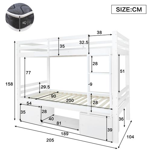 Lit Superposé 90x200 Cm - Lit Enfant Avec 2 Tiroirs Et Porte Chaussures - Mdf + Pin - Blanc