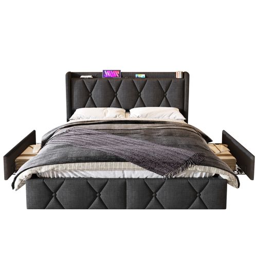 Lit 160×200 Cm Double Capitonné Avec 4 Tiroirs, USB, Structure Lin Et Bois Gris
