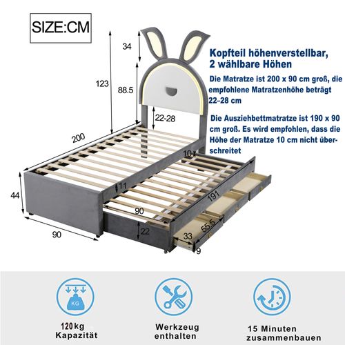 Lit Gigogne 90x200 Cm - Lit Avec Tiroirs De Rangement Et Éclairage LED Changeant, Velours Gris