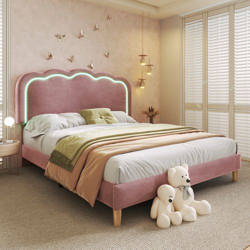 Lit Double 140x200 Cm - Lit Capitonné Avec Tête De Lit LED Réglable - Velours - Rose