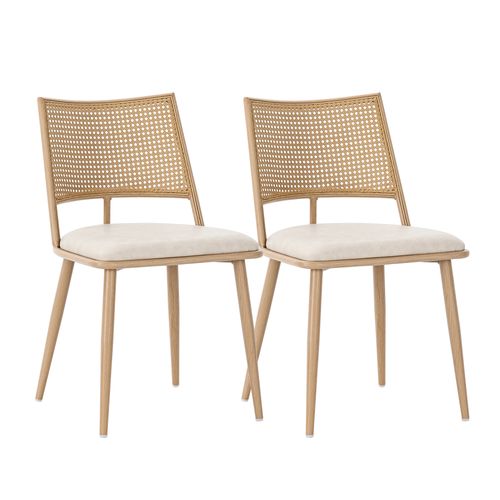 Chaises Lot De 2, Dossier En Rotin Et Assise Rembourrée En Pu, Pieds En Bois - Beige