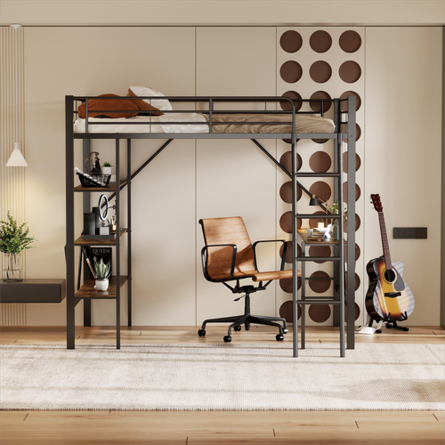 Lit Mezzanine 90x200 Cm - Lit Avec Bureau Intégré - Structure Métal - Noir