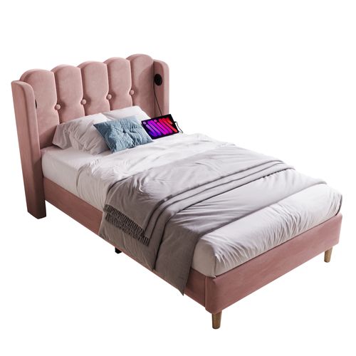 Lit Simple 90 X 200 Cm - Lit Adult Avec Chargement USB Type-c - Velours, Mdf, Métal - Rose