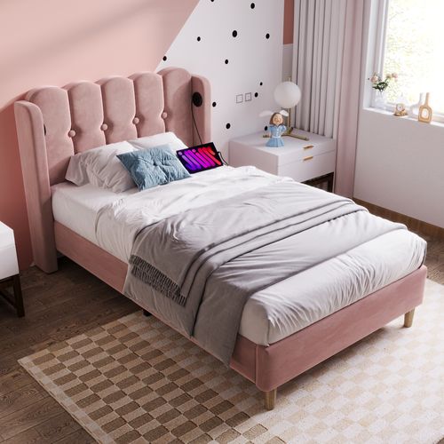 Lit Simple 90 X 200 Cm - Lit Adult Avec Chargement USB Type-c - Velours, Mdf, Métal - Rose