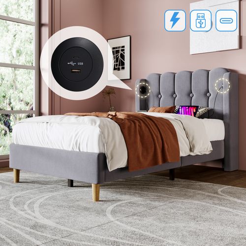 Lit Simple 90 X 200 Cm - Lit Adult Avec Chargement USB Type-c - Lin, Mdf, Métal - Gris