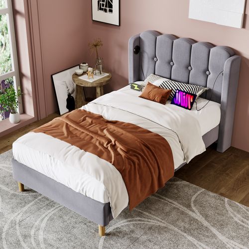 Lit Simple 90 X 200 Cm - Lit Adult Avec Chargement USB Type-c - Lin, Mdf, Métal - Gris