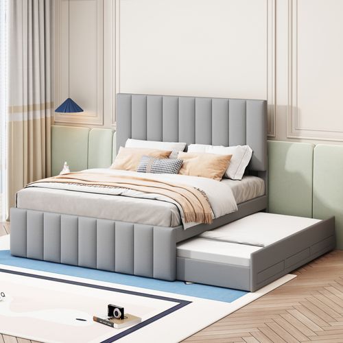 Lit Gigogne Double 140x200 Cm - Tiroirs Et Lit Enfant 90x190 Cm, Structure En Mdf Et Lin, Gris