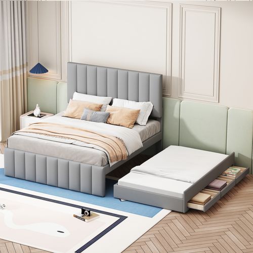 Lit Gigogne Double 140x200 Cm - Tiroirs Et Lit Enfant 90x190 Cm, Structure En Mdf Et Lin, Gris