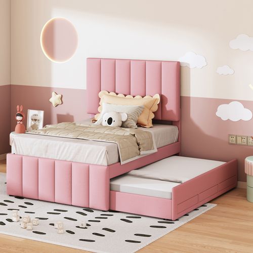 Lit Gigogne Simple Enfant 90x200 Cm - Tiroirs Et Couchage D'ombre, Revêtement En Lin Doux, Rose