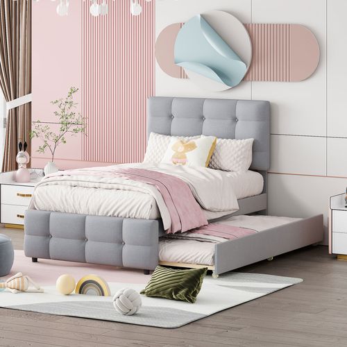 Lit Gigogne 90x200 Cm - Lit Simple Enfant Avec Structure Rembourrée - Mdf Métal Tissu Lin - Gris