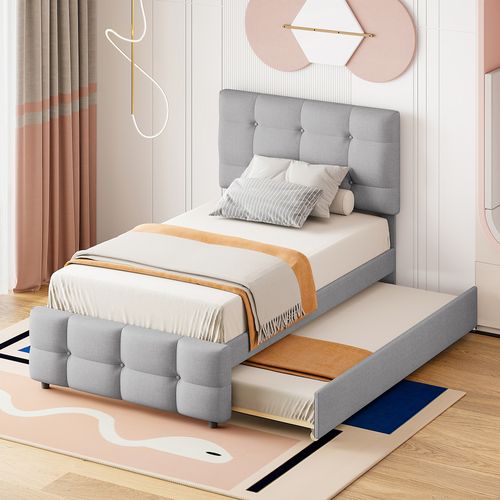 Lit Gigogne 90x200 Cm - Lit Simple Enfant Avec Structure Rembourrée - Mdf Métal Tissu Lin - Gris