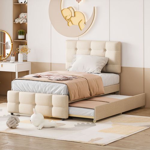 Lit Gigogne Simple Enfant 90x200 Cm – Sommier à Lattes, Tête De Lit Réglable, Mdf/métal, Beige