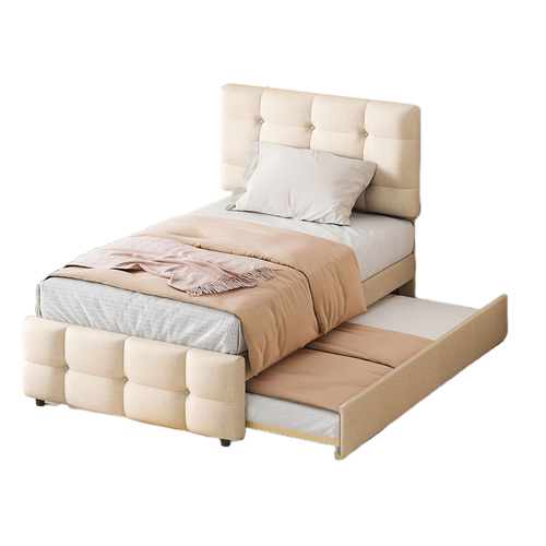 Lit Gigogne Simple Enfant 90x200 Cm – Sommier à Lattes, Tête De Lit Réglable, Mdf/métal, Beige
