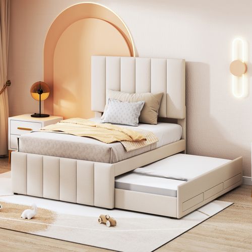 Lit Gigogne 90x200 Cm - Lit Simple Enfant Avec Tiroirs Et Lit D'appoint, Revêtement En Lin, Beige