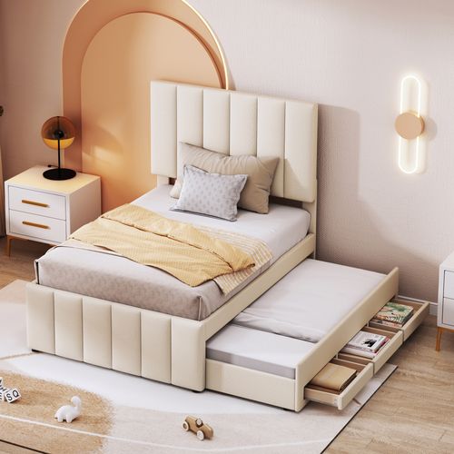 Lit Gigogne 90x200 Cm - Lit Simple Enfant Avec Tiroirs Et Lit D'appoint, Revêtement En Lin, Beige